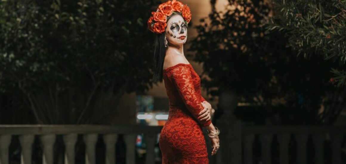 elegant day of the dead woman in red dress