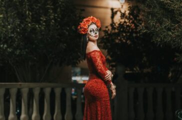 elegant day of the dead woman in red dress