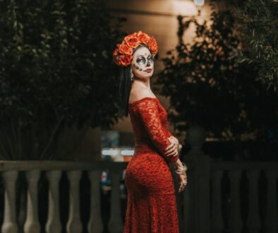 elegant day of the dead woman in red dress