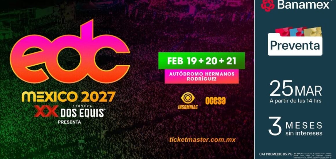 EDC México 2027 en el Autódromo Hermanos Rodríguez con luces, escenarios y público disfrutando música electrónica