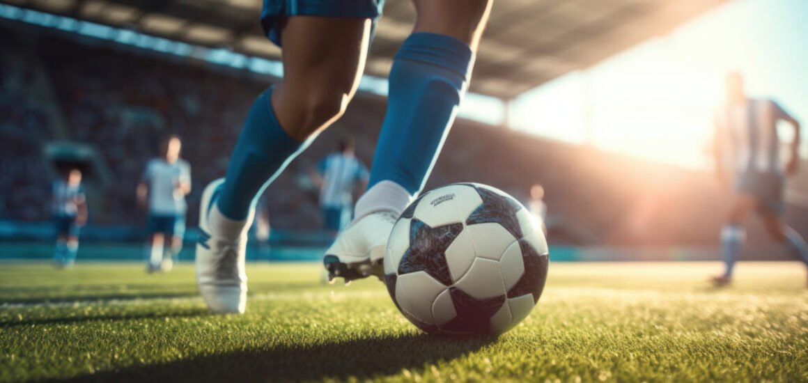 Football or soccer player playing with the ball in stadium. Gene